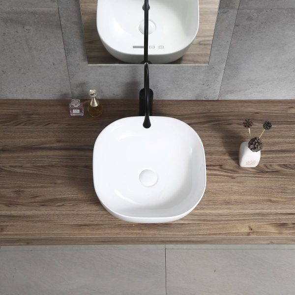 Lavabo para Baño Sobre Encimera Cerámico 017 | 42cm x 42cm | Blanco Brillo